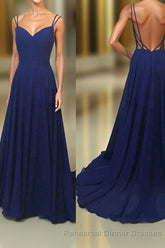 Simple A Line Spaghetti Straps Backless Royal Blue Long Semi Formal Prom Dresses